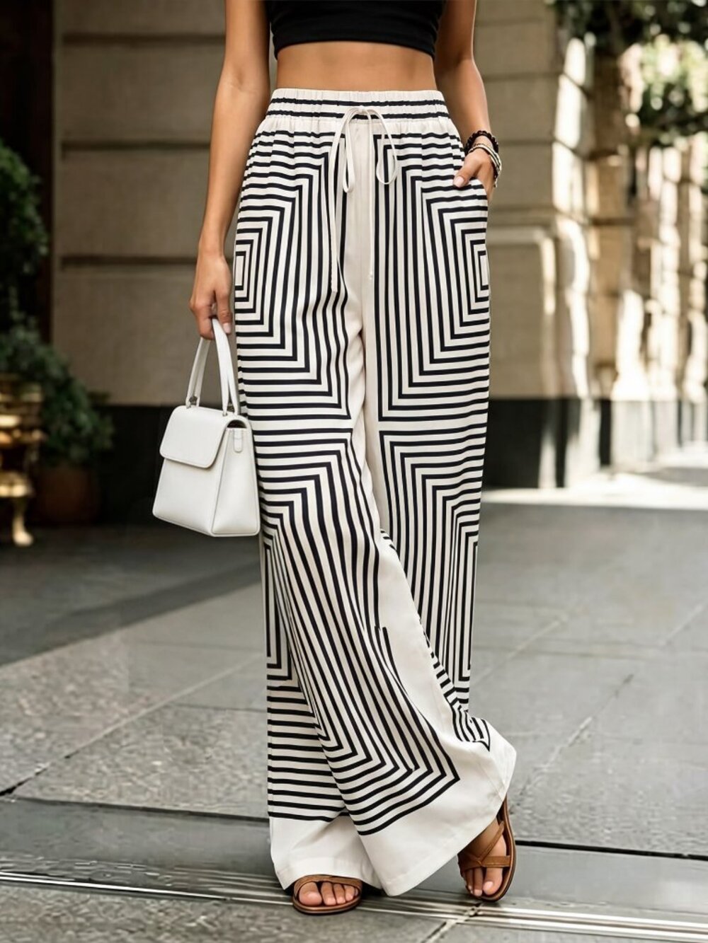 Multicolor Casual Women's Striped High-Waist Loose Wide-Leg Pants - Picture 4 of 5